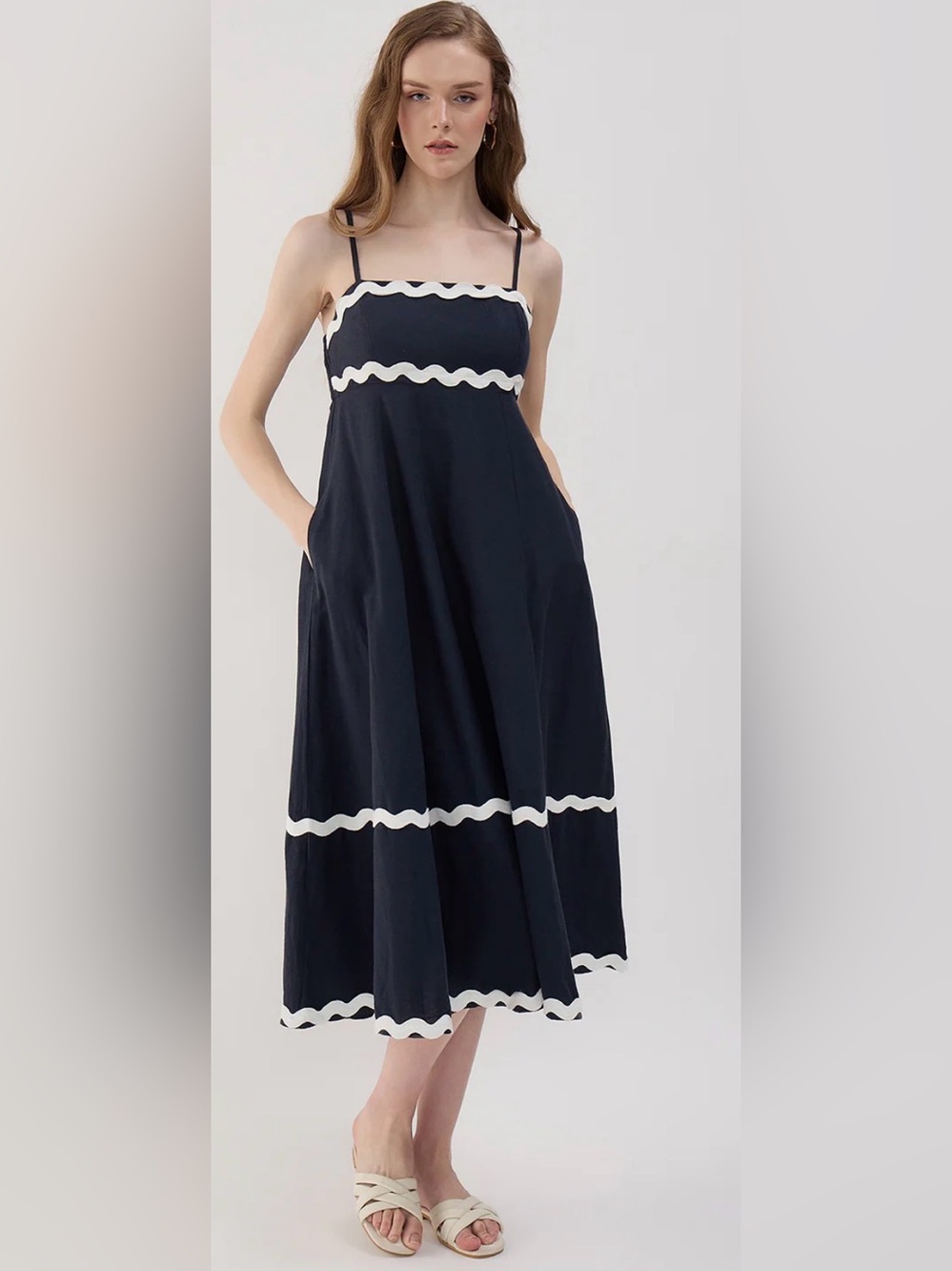 Sim & Sam Navy Maxi Sundress with White Scallop Trim